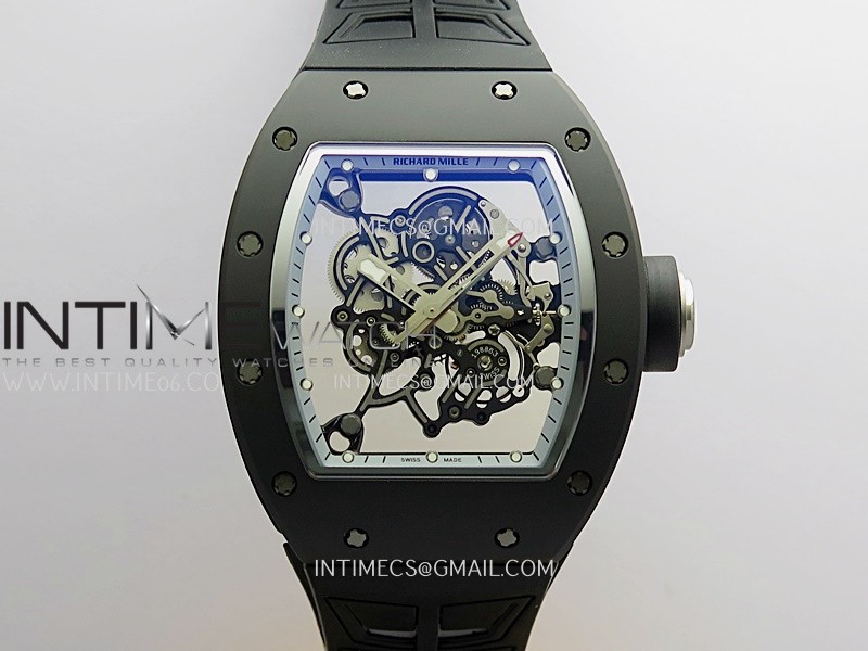 RM055 Black Case White Inner Bezel Umi Office 1:1 Best Edition Skeleton Dial Black Rubber Strap RMUL2 Super Clone (Free Sprung)