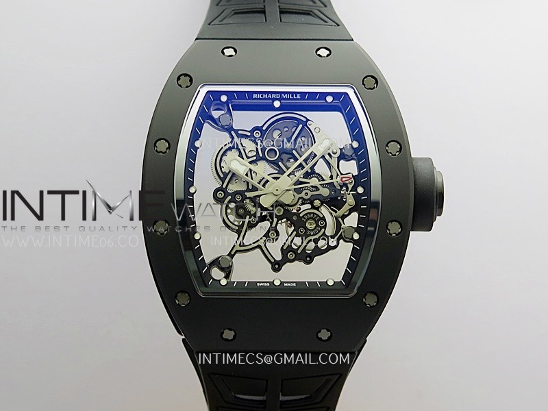 RM055 Black Case Black Inner Bezel Umi Office 1:1 Best Edition Skeleton Dial Black Rubber Strap RMUL2 Super Clone (Free Sprung)