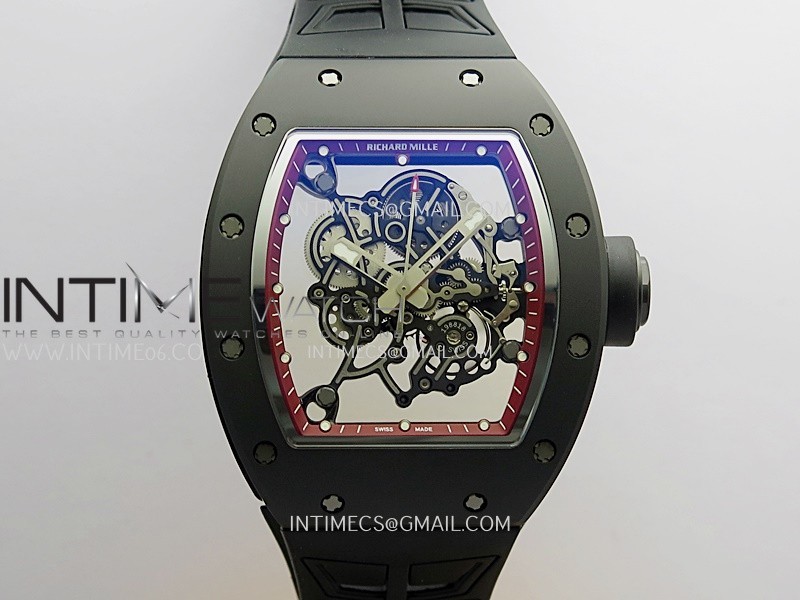 RM055 Black Case Red Inner Bezel Umi Office 1:1 Best Edition Skeleton Dial Black Rubber Strap RMUL2 Super Clone (Free Sprung)