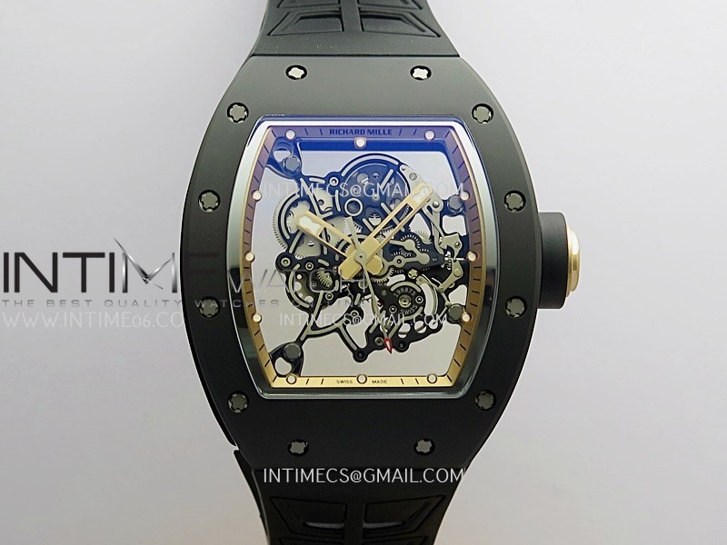 RM055 Black Case Gold Inner Bezel Umi Office 1:1 Best Edition Skeleton Dial Black Rubber Strap RMUL2 Super Clone (Free Sprung)