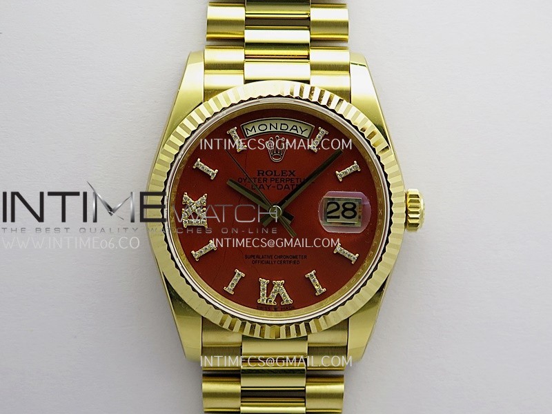 Daydate 128238 36mm YG QHF Best Edition Carnelian Dial on YG President Bracelet A2834