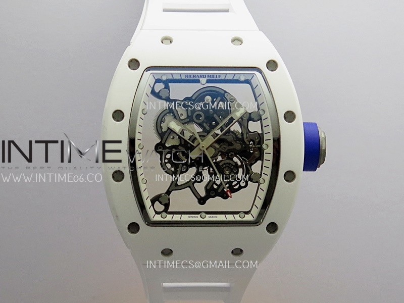 RM055 White Inner Bezel White Ceramic RF 1:1 Best Edition Skeleton Dial On White Rubber Strap RMUL2 Super Clone (Brushed Ribs)