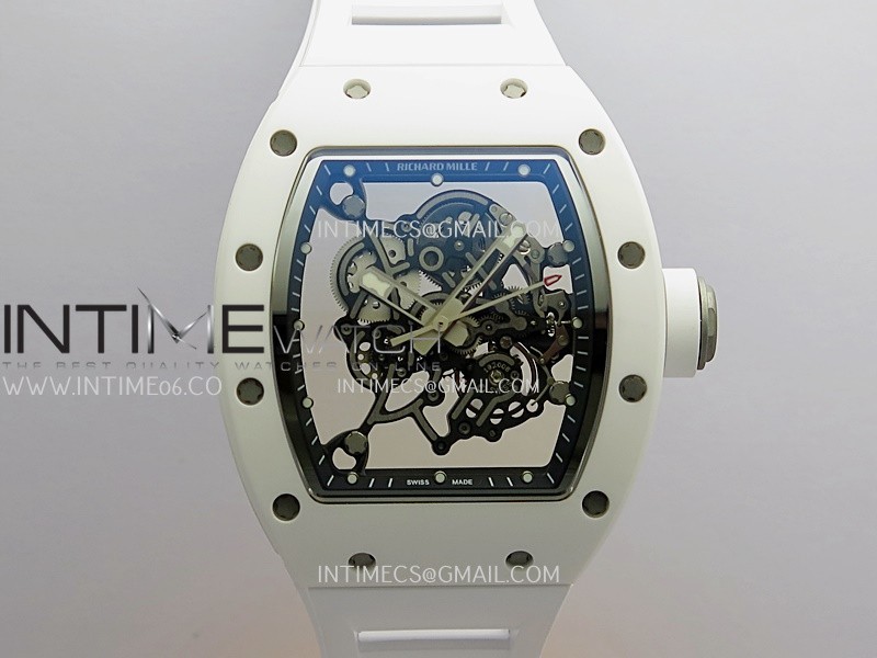 RM055 Black Inner Bezel White Ceramic RF 1:1 Best Edition Skeleton Dial On White Rubber Strap RMUL2 Super Clone (Brushed Ribs)