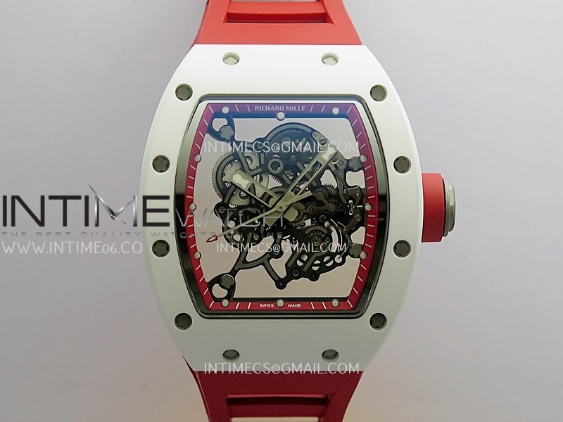 RM055 Red Inner Bezel White Ceramic RF 1:1 Best Edition Skeleton Dial On Red Rubber Strap RMUL2 Super Clone (Brushed Ribs)