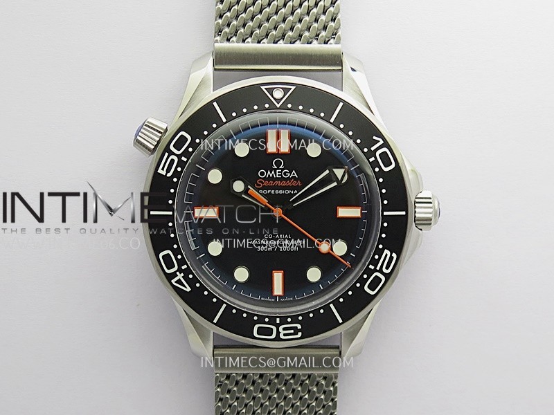 Seamaster 300M Diver 42mm Orange Second Hand SS ORF Best Edition Black Dial On Mesh Bracelet SuperClone 8806 (Free Rubber Strap)