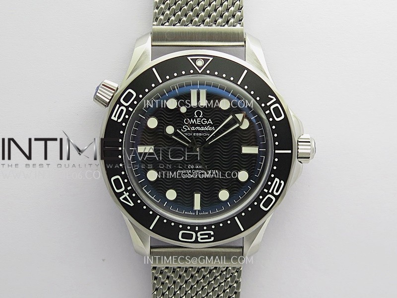 Seamaster 300M Diver 42mm SS ORF Best Edition Black Wave Texture Dial On Mesh Bracelet Super Clone 8806 (Free Rubber Strap)