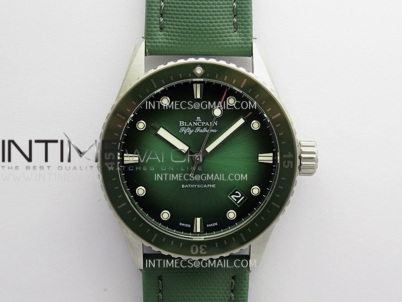 Fifty Fathoms Bathyscape Green Ceramic Bezel SS GF 1:1 Best Edition Green Ombre Dial On Green Nylon Strap A1315