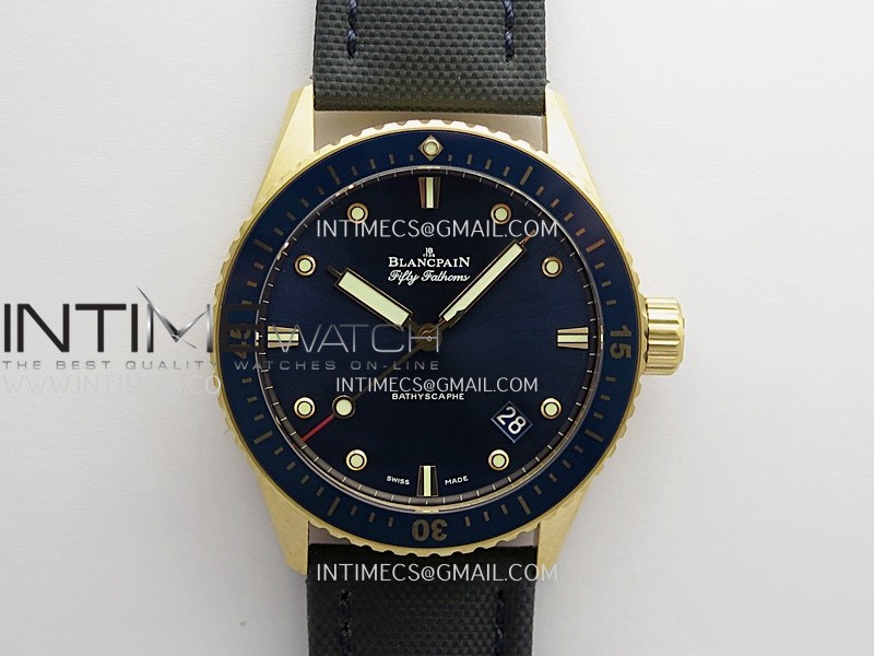 Fifty Fathoms Bathyscape Blue Ceramic Bezel RG GF 1:1 Best Edition Blue Dial On Blue Nylon Strap A1315