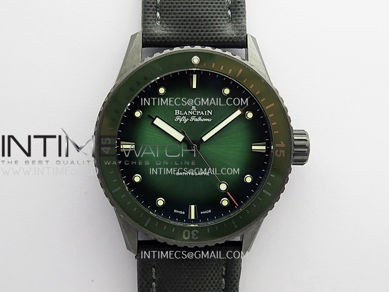 Fifty Fathoms Bathyscaphe Green Ceramic GF 1:1 Best Edition Green Ombre Dial On Black Sail-Canvas Strap A1315(Free Rubber Strap)