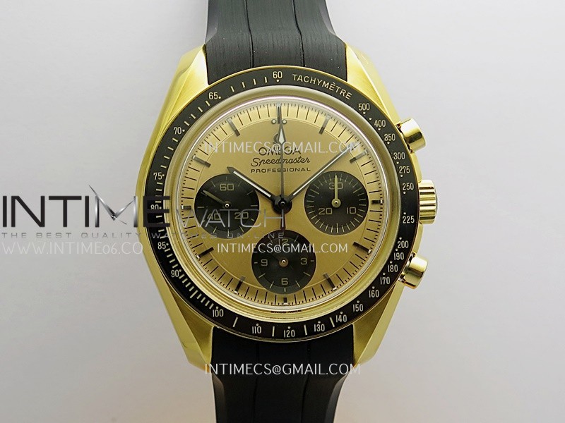 Speedmaster Professional YG N1F Best Edition Gold Dial Black Subdial On Black Rubber Strap Asian 3861