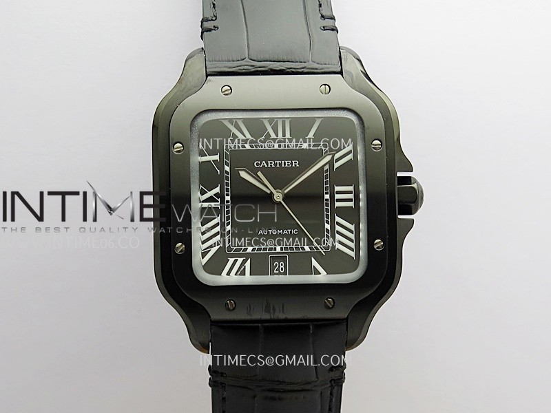 Santos de Cartier 40mm DLC GF V2 1:1 Best Edition Black Dial on Black Leather Strap 9015