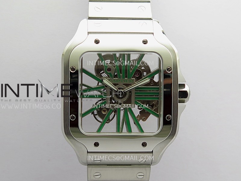 Santos Skeleton SS Rich Factory 1:1 Best Edition Skeleton Green Dial 9611MC Super Clone (Free Leather Strap)