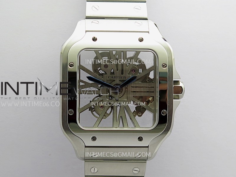 Santos Skeleton SS Rich Factory 1:1 Best Edition Skeleton Silver Dial 9611MC Super Clone (Free Leather Strap)