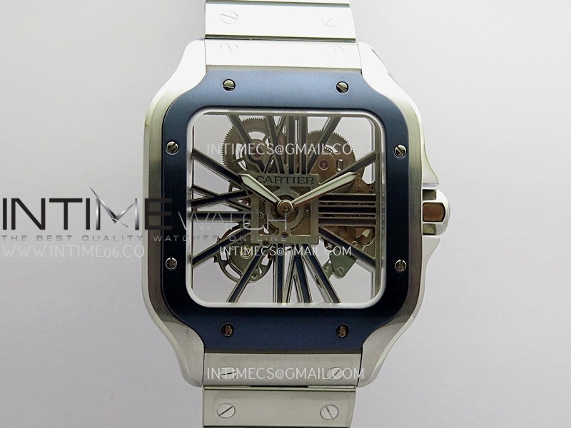 Santos Skeleton SS/Blue PVD Bezel RICH 1:1 Skeleton Blue Dial On SS SmartLink Bracelet 9611MC Super Clone (Free Leather Strap)