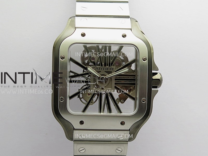 Santos Skeleton Black PVD Case RICH 1:1 Skeleton Black Dial On SS SmartLink Bracelet 9611MC Super Clone (Free Leather Strap)