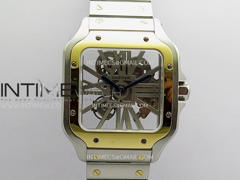 Santos Black SS/YG Rich Factory 1:1 Skeleton Silver Dial On SS/YG SmartLink Bracelet 9611MC Super Clone (Free Leather Strap)