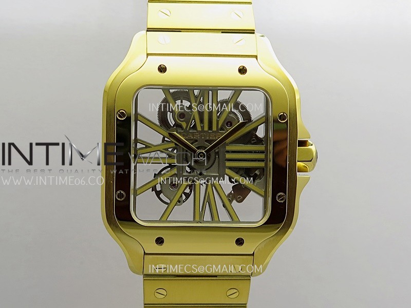 Santos Skeleton Black YG Rich Factory 1:1 Best Skeleton Dial On YG SmartLink Bracelet 9611MC Super Clone (Free Leather Strap)