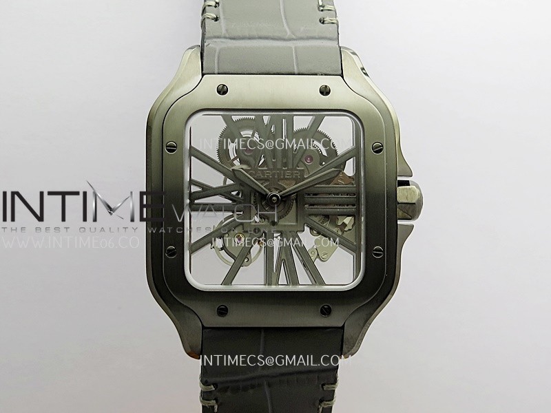 Santos Skeleton PVD RICH Factory 1:1 Best Edition Skeleton black Dial On Black Leather Strap 9612MC Super Clone