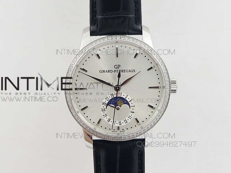 GP moonphase SS Sliver Dial Diamond Bezel on Black Leather Strap On Cal.GP033MO