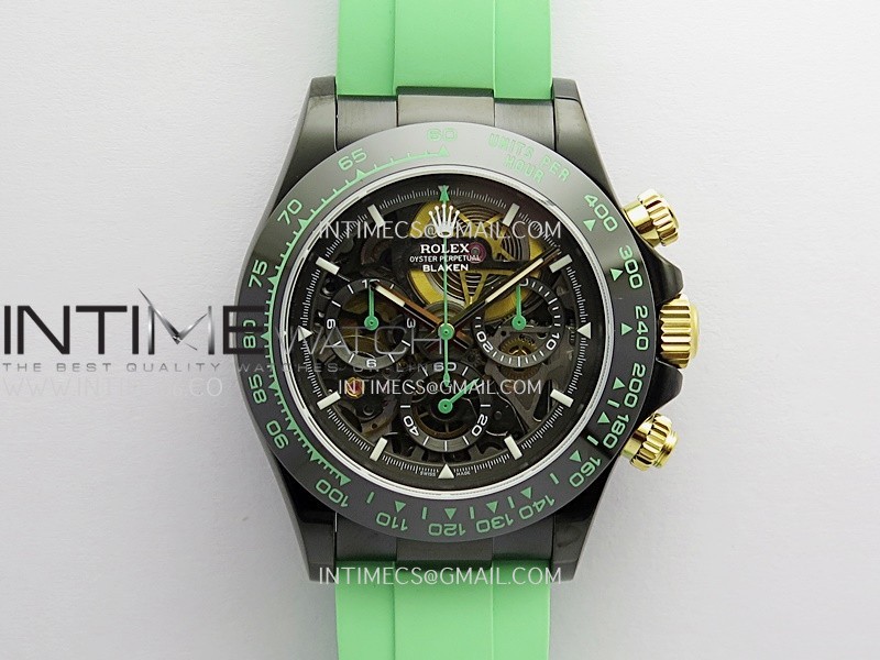 Daytona Blaken Ceramic Bezel PVD Sonic Best Edition Skeleton Dial On Green Rubber Strap Super Clone SA4130
