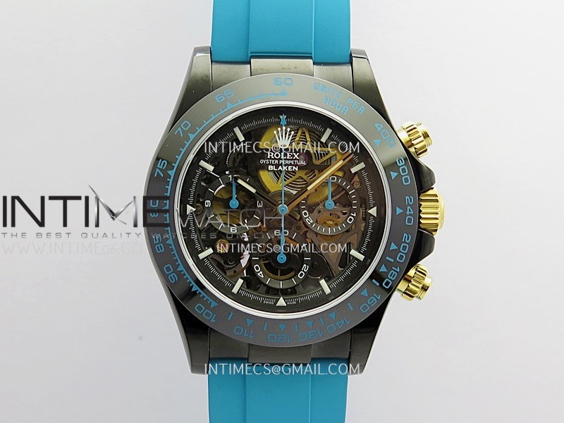 Daytona Blaken Carbon Bezel PVD Sonic Best Edition Skeleton Dial On Blue Rubber Strap Super Clone SA4130
