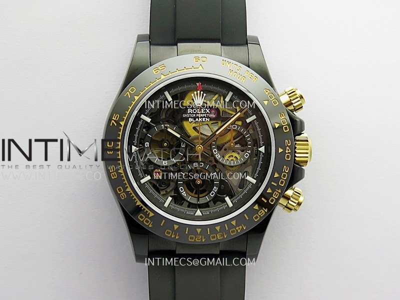 Daytona Blaken Carbon Bezel PVD Sonic Best Edition Skeleton Dial On Black Rubber Strap Super Clone SA4130
