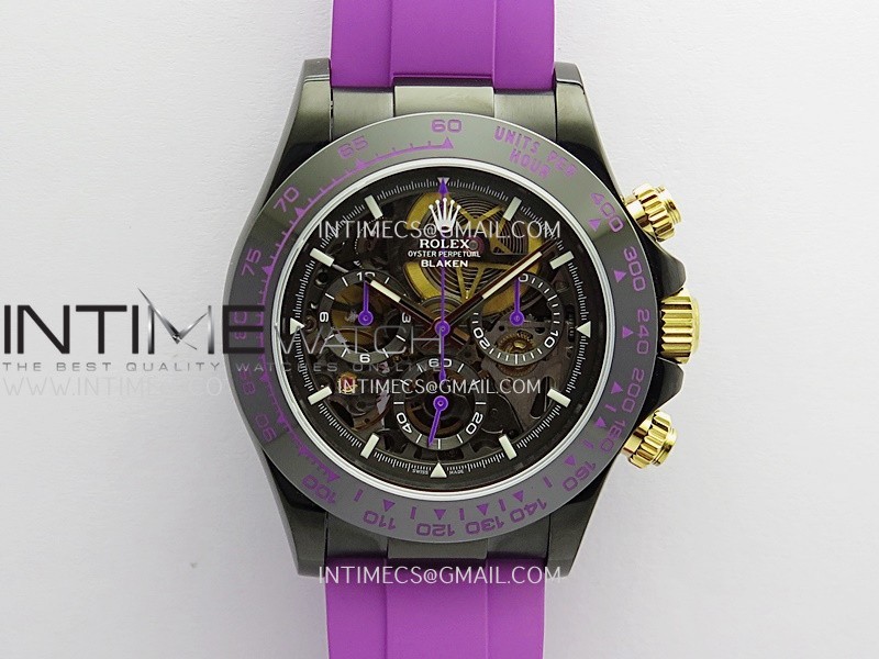 Daytona Blaken Carbon Bezel PVD Sonic Best Edition Skeleton Dial On Purple Rubber Strap Super Clone SA4130