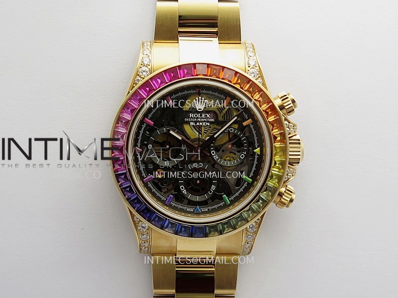 Daytona Arolla Challenge Blaken Rainbow Diamond Bezel RG Sonic Skeleton Dial On RG Bracelet Super Clone SA4130