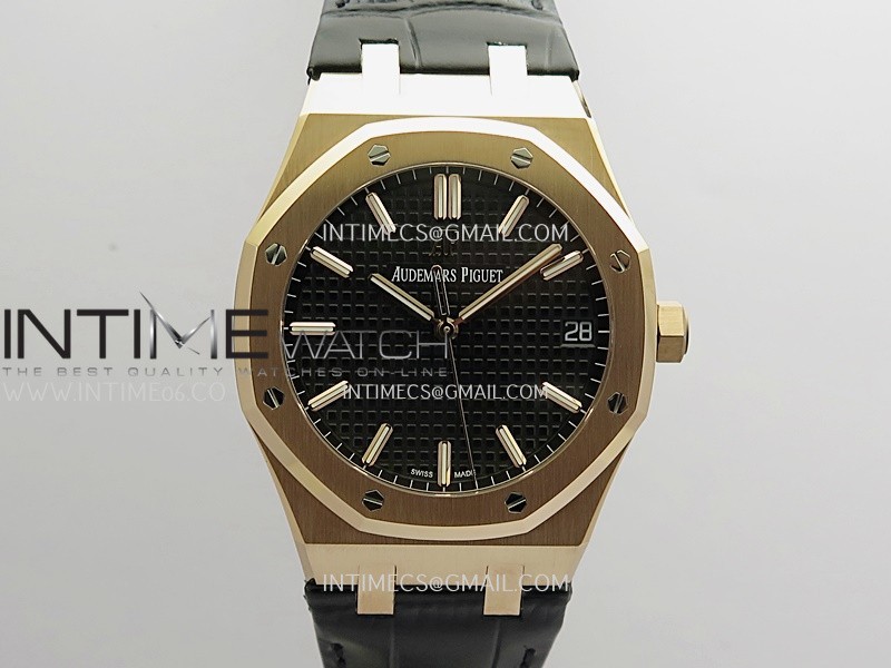 Royal Oak 41mm 15500 RG APSF Free Sprung 1:1 Best Edition Black Textured Dial On Black Leather Strap Super Clone A4302