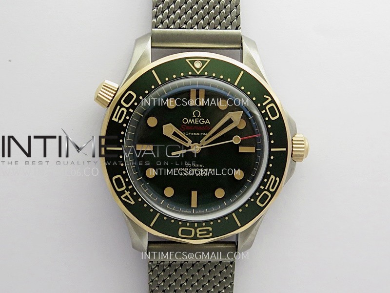 Seamaster 300M Diver Titanium/Bronze Gold ORF 1:1 Green Dial On Titanium Mesh Bracelet Asian Super Clone 8806(Free Rubber Strap)