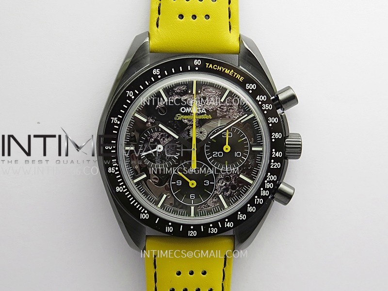 Speedmaster 44mm Ceramic SMF 1:1 Best Edition Black Skeleton Dial Yellow Hands On Yellow Leather Strap A3869 (Free Strap)