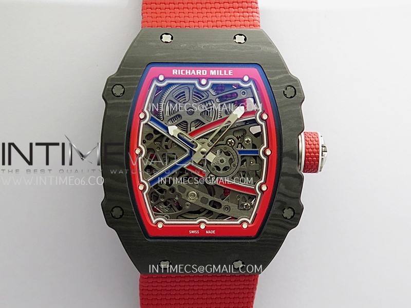 RM67-02 Black NTPT Umi Office 1:1 Beat Edition Blue/Red Skeleton Dial On Red Nylon Strap CRMA7 Clone V2
