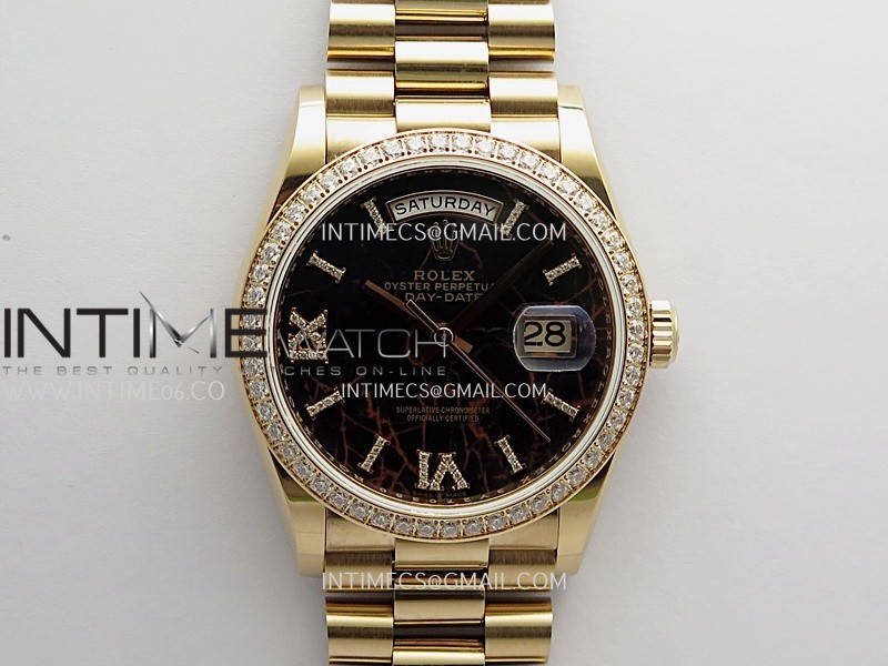 Day Date 128345 RG Gain Weight KF 1:1 Black Dial Roman Diamond Marker On President Bracelet A2836