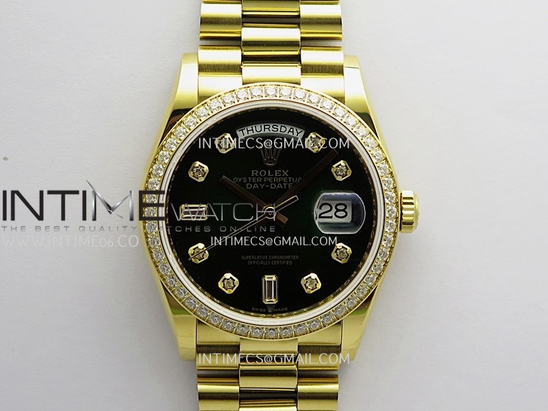 Day Date 128348 YG Gain Weight KF 1:1 Green Dial Diamond Marker On President Bracelet A2836