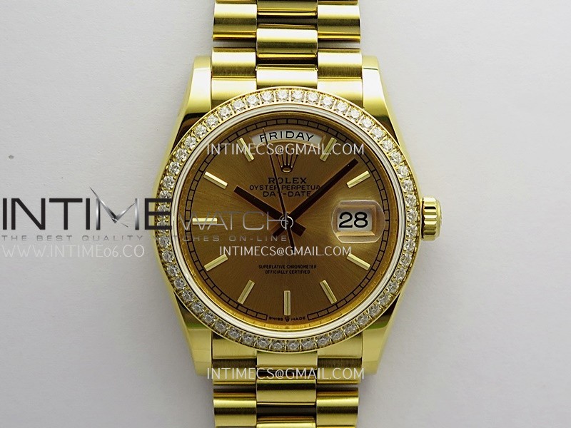 Day Date 128348 YG Gain Weight KF 1:1 Gold Dial Stick Marker On President Bracelet A2836