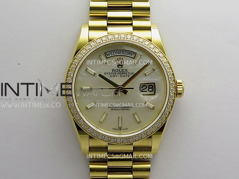 Day Date 128348 YG Gain Weight KF 1:1 White MOP Dial T Diamond Marker On President Bracelet A2836