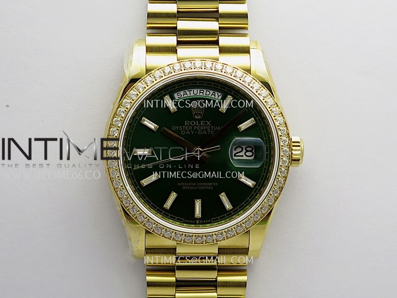 Day Date 128348 YG Gain Weight KF 1:1 Green Dial T Diamond Marker On President Bracelet A2836