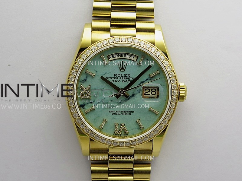 Day Date 128348 YG Gain Weight KF 1:1 Turquoise Dial On President Bracelet A2836