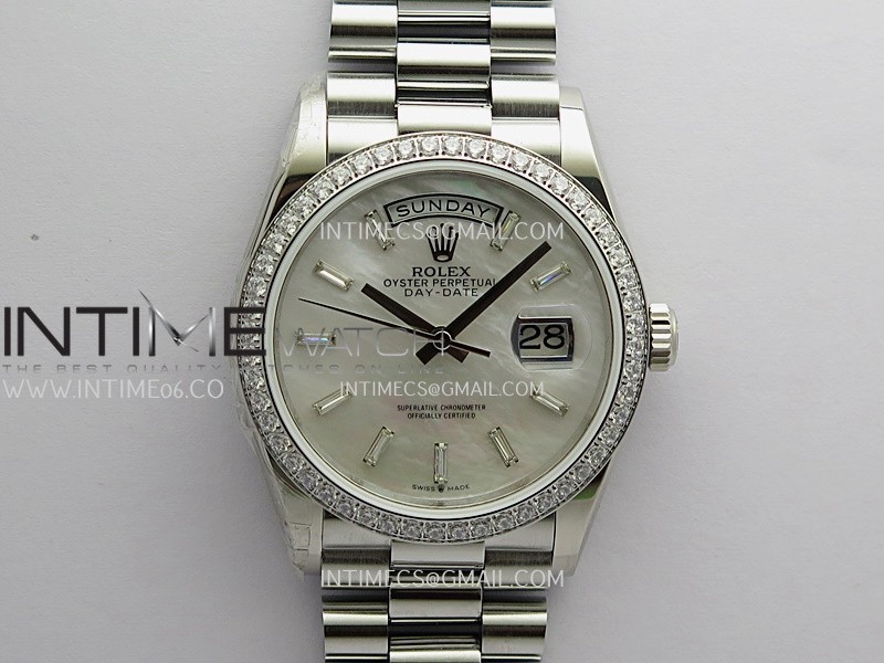 Day Date 128349 SS Gain Weight KF 1:1 White MOP Dial T Diamond Marker On President Bracelet A2836