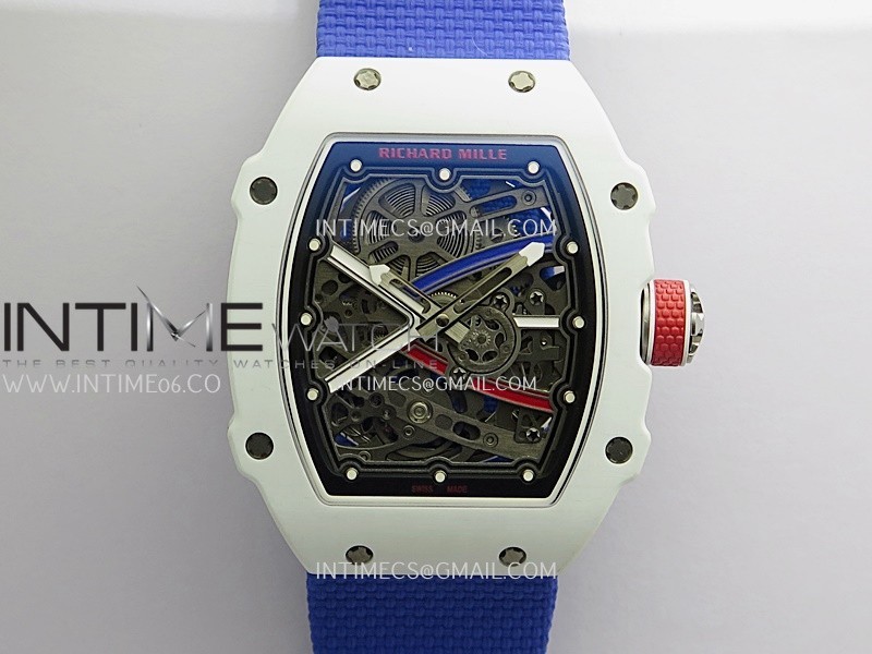 RM67-02 France White Ceramic Umi Office 1:1 Beat Edition Blue/Red/White Skeleton Dial On Blue Nylon Strap CRMA7 Clone V2