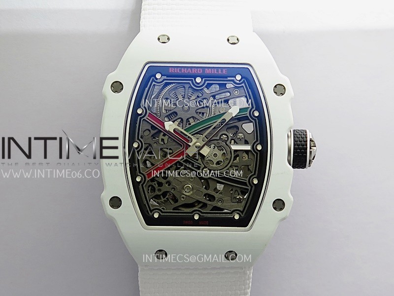 RM67-02 UAE White Ceramic Black Crown Umi Office 1:1 Beat Edition Black/Red/Green Skeleton Dial On White Strap CRMA7 Clone V2