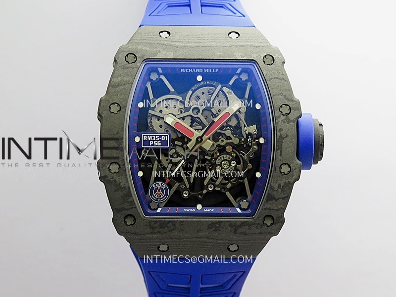 RM035-01 Paris Black Carbon ZF Best Edition Skeleton Dial On Blue Rubber Strap Super Clone RMUL1