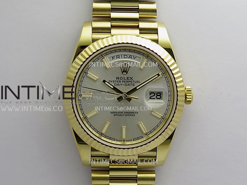 Day Date 228238 YG 40mm Gain Weight RCF Silver Dial Stick Marker On President Bracelet SH3255