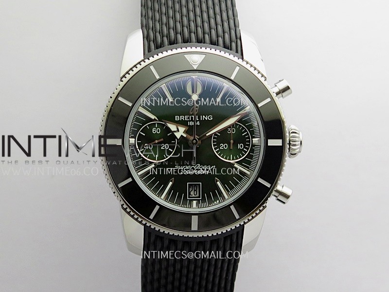 SuperOcean Heritage Chrono 42mm Black Ceramic Bezel B50 Green Dial On Black Rubber Strap A7750