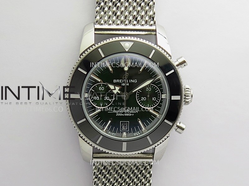 SuperOcean Heritage Chrono 42mm Black Ceramic Bezel B50 Green Dial On SS Mesh Bracelet A7750