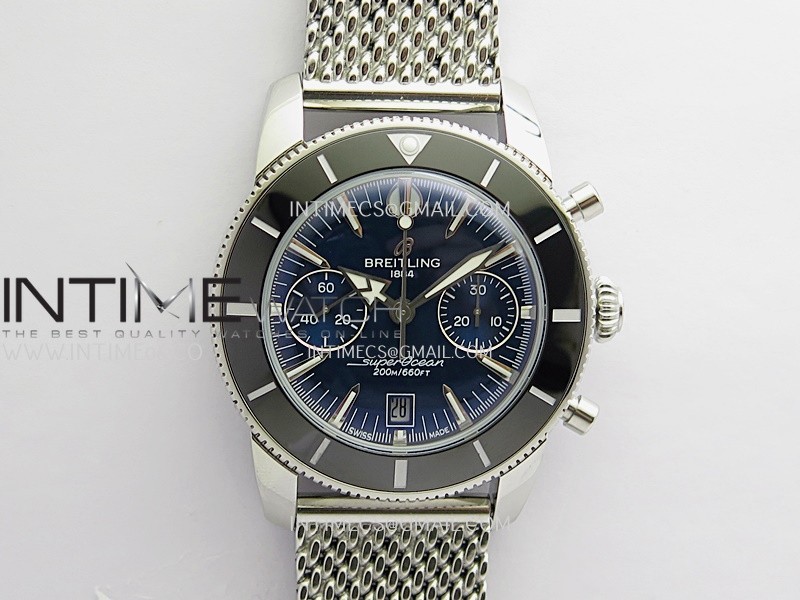 SuperOcean Heritage Chrono 42mm Black Ceramic Bezel B50 Blue Dial On SS Mesh Bracelet A7750