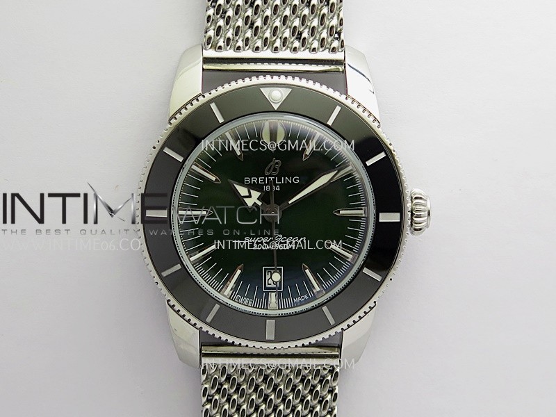 SuperOcean Heritage 42mm Black Ceramic Bezel B50 Green Dial On SS Mesh Bracelet Asian B31