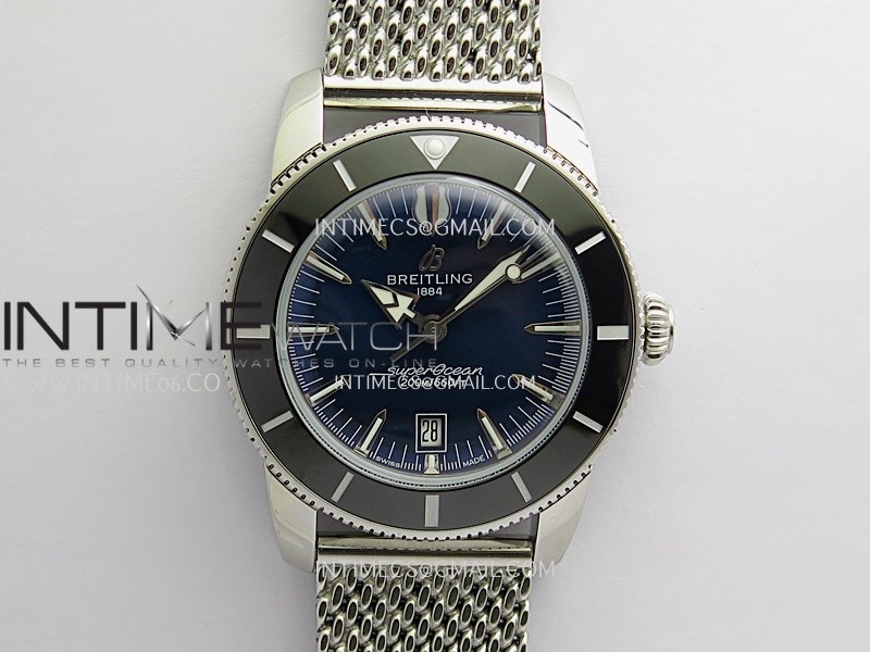 SuperOcean Heritage 42mm Black Ceramic Bezel B50 Blue Dial On SS Mesh Bracelet Asian B31