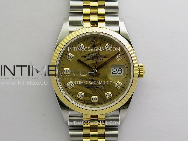 DateJust 36 SS 126233 904L SS/YG VSF 1:1 Best Edition Gold Palm Motif Dial Diamond Markers on Jubilee Bracelet VS3235