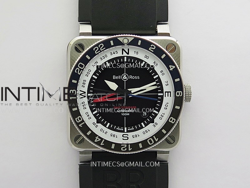 BR03 GMT Compass Blue/Black Bezel SS B12 Best Edition Black Dial 42mm On Black Rubber Strap A2836 (Free Nylon Strap)
